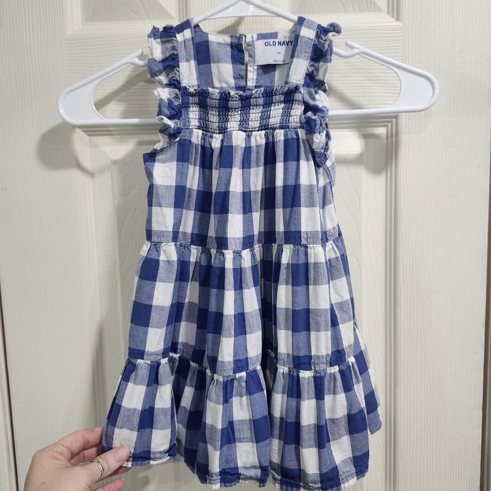 Old Navy Toddler Girls 3T Blue White Gingham Smocked Tiered Dress